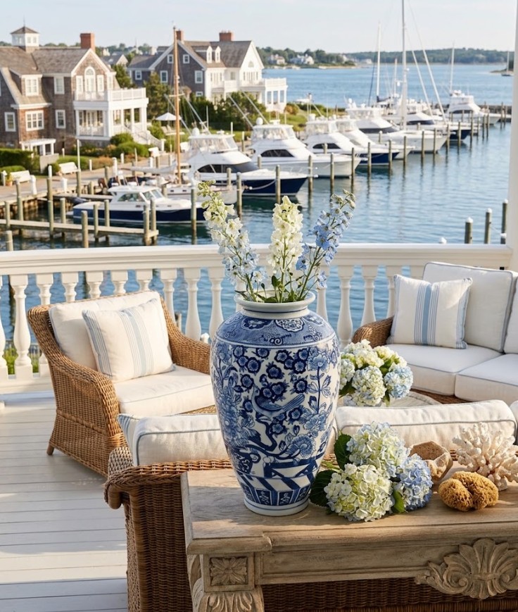 terasz elegans klasszikus mediterran nyaralo kek feher porcelan vaza hamptons coastal polgari virag